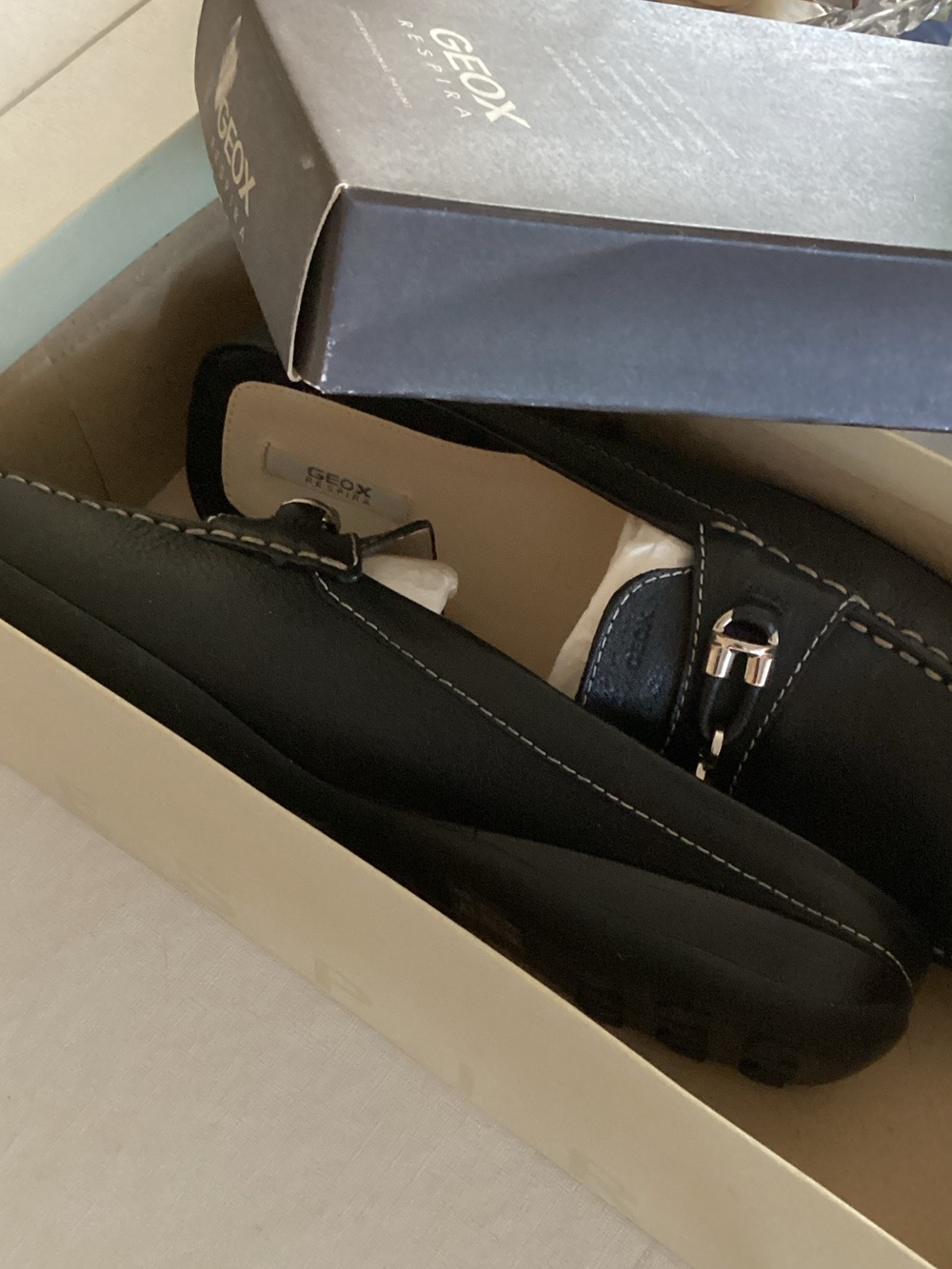 Geox Black Leather Slip-On Loafers with Contrast Stitching